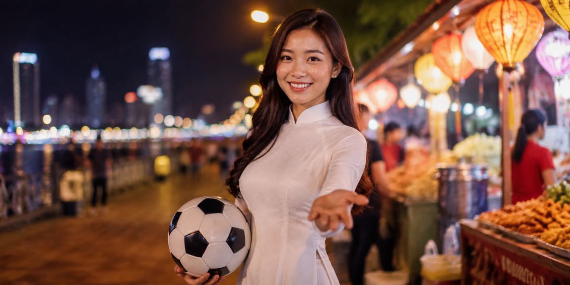 Người phụ nữ mặc áo dài tại Đà Nẵng xem kèo bóng đá và đặt cược trực tuyến bên bờ biển