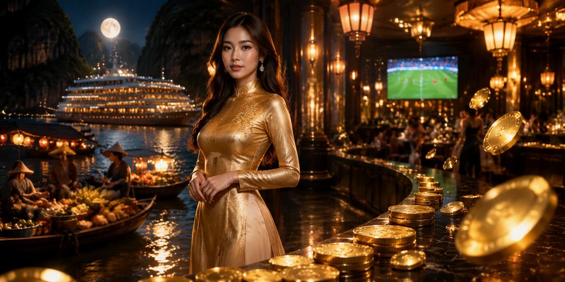 Phụ nữ mặc áo dài nhìn ra vịnh Hạ Long trong khi kiểm tra tài khoản cá cược trực tuyến trên điện thoại