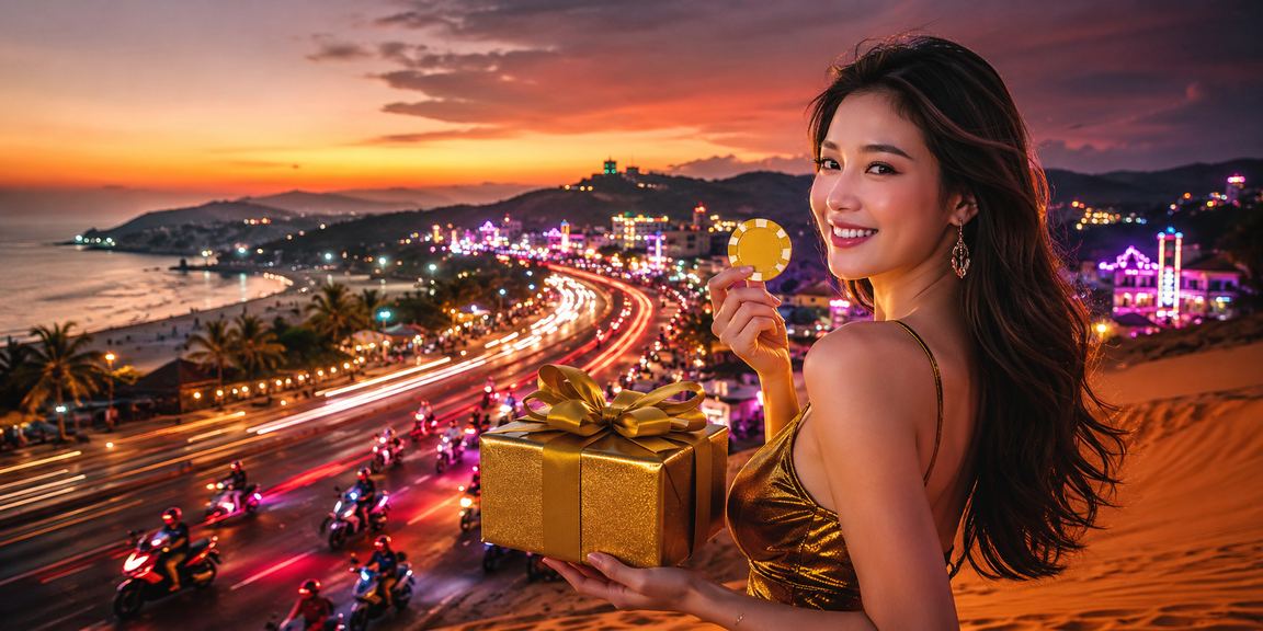 Ánh đèn neon rực rỡ về đêm tại Mũi Né, không gian giải trí casino sôi động ven biển