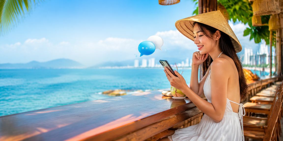 Phụ nữ Nha Trang đội nón lá duyệt casino mobile và kiểm tra thông tin tài khoản trực tuyến