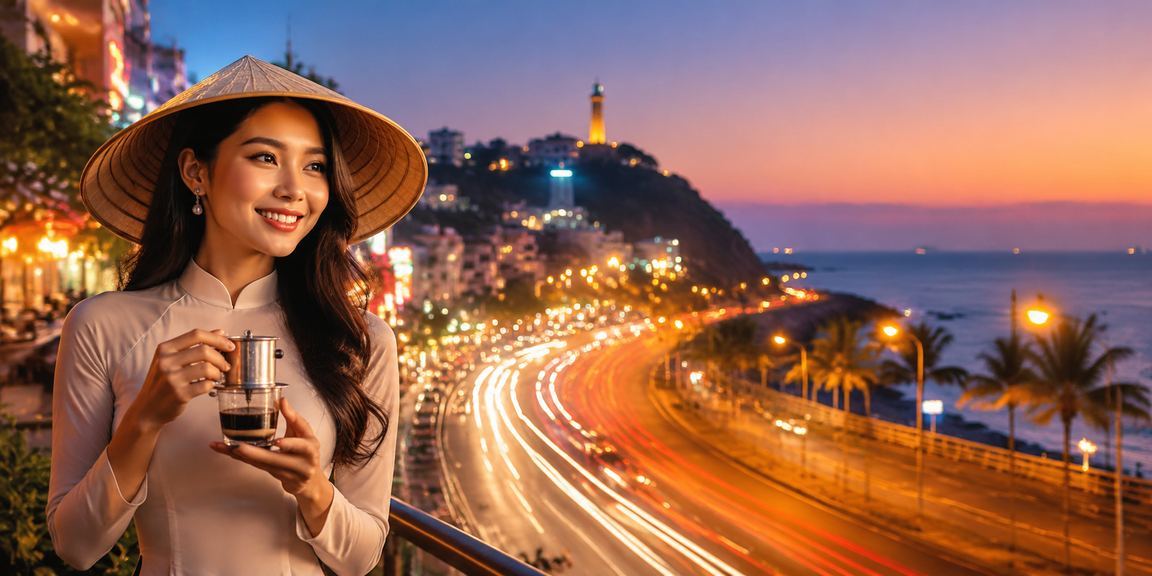 Người phụ nữ Vũng Tàu đội nón lá cầm vé số bên cạnh thiết bị kiểm tra thông tin trực tuyến